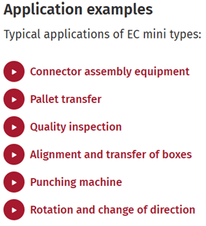 List of typical applications of EC mini types in industrial processes.