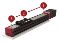 Black linear stage with red ends and a sliding platform.