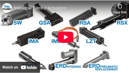 Various types of electric actuators displayed with labels and cables.