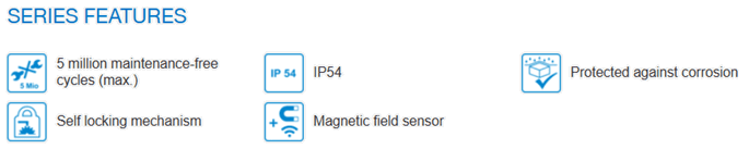Icons depicting IP54 protection and magnetic field sensor features.