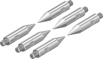 Close-up of various metallic pen nibs arranged diagonally on a white background.