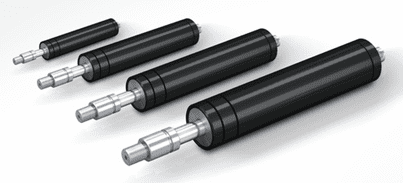 Four black cylindrical conveyor rollers with shafts