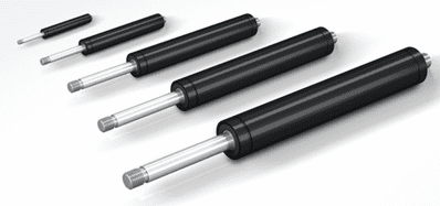 Five black gas springs in varying lengths