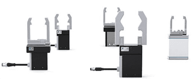 Multiple industrial robotic grippers on white background