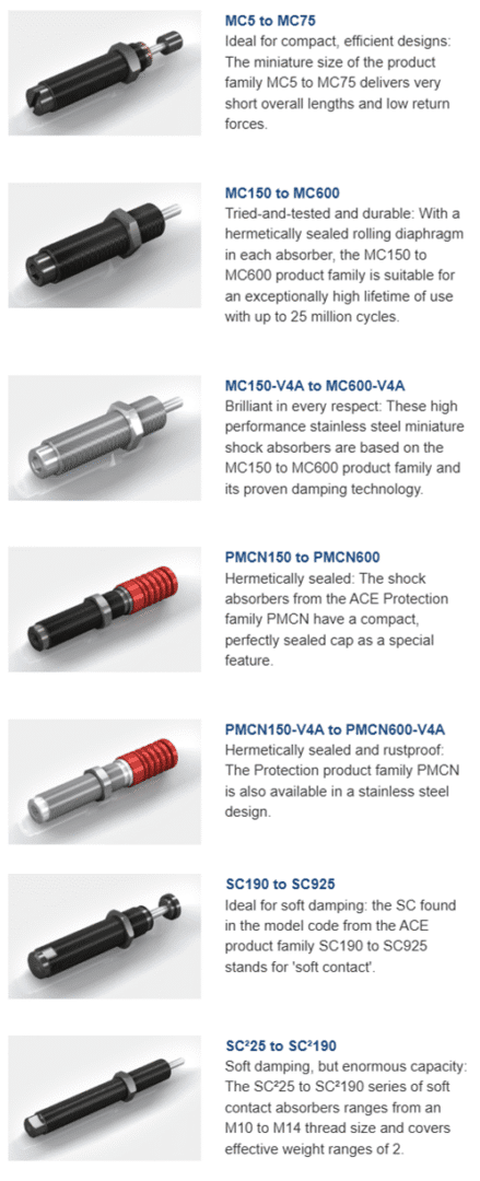 Assortment of industrial shock absorbers