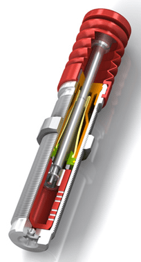 Red hydraulic shock absorber cutaway