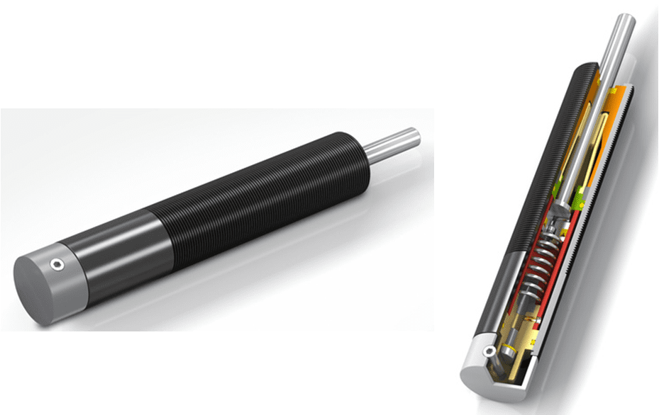 Cutaway of cylindrical shock absorber with spring