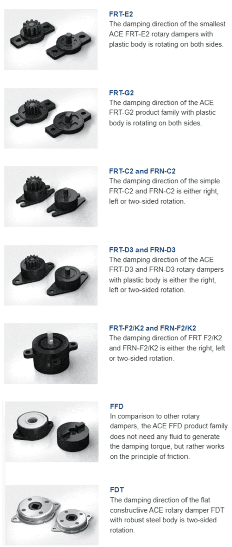 Catalog page showing various rotary dampers