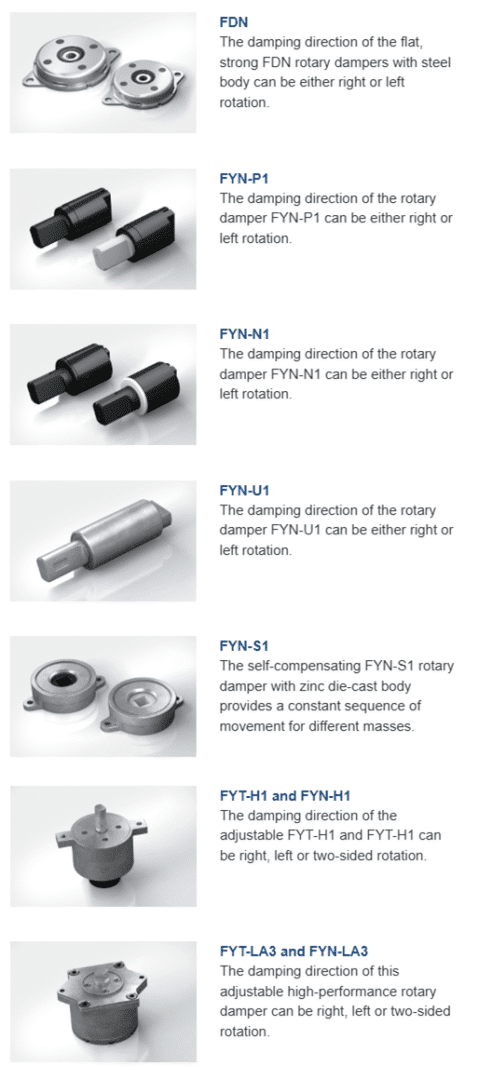 Various rotary damper models with descriptions