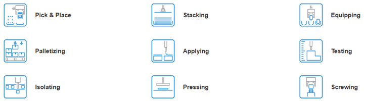 Blue icons of manufacturing and assembly tasks