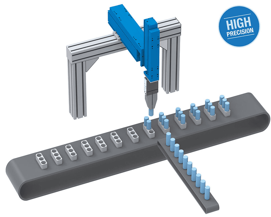 High-precision robot placing blue pegs on conveyor