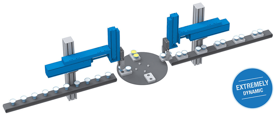 Rotary assembly machine with dual blue gantry arms