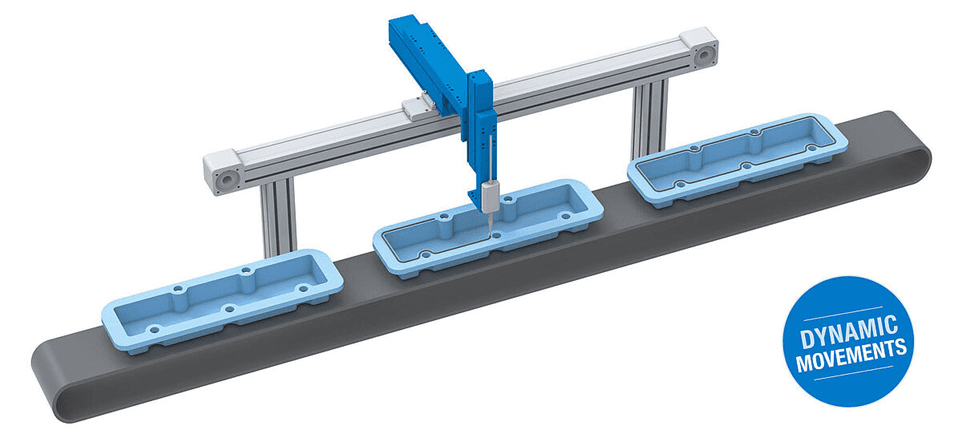 Robotic gantry arm over three blue trays