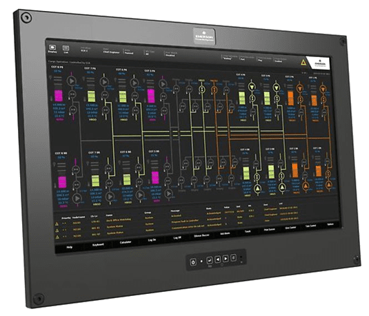 Industrial touchscreen monitor showing system schematic