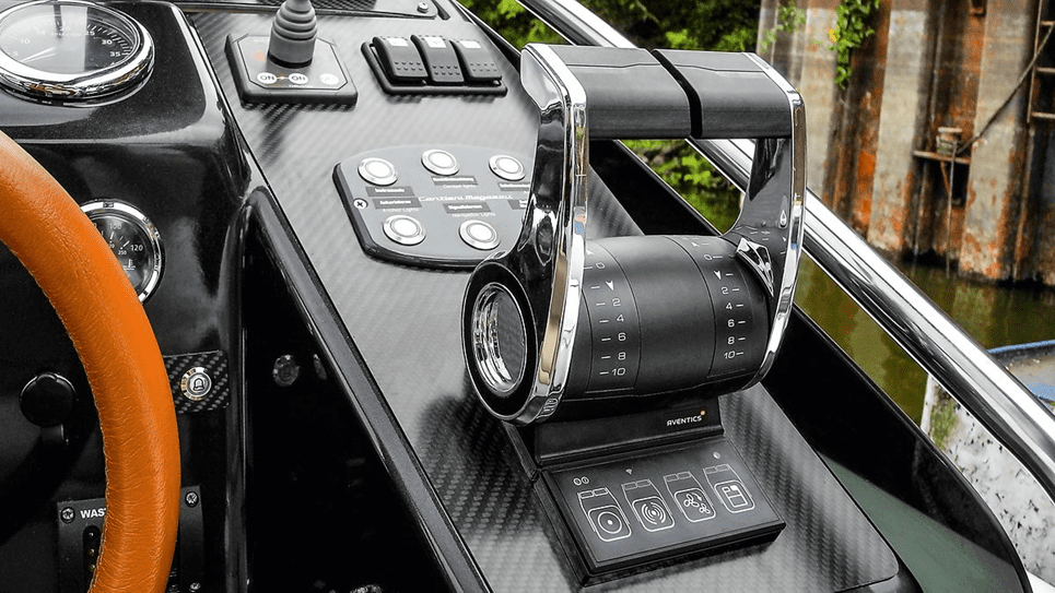 Boat throttle lever on carbon fiber dashboard