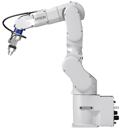 White Epson industrial robotic arm with gripper