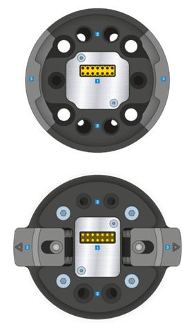Two views of round multi-pin connector