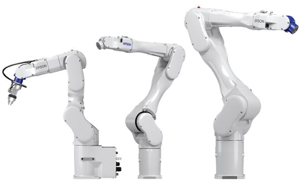 Three white industrial robotic arms on black