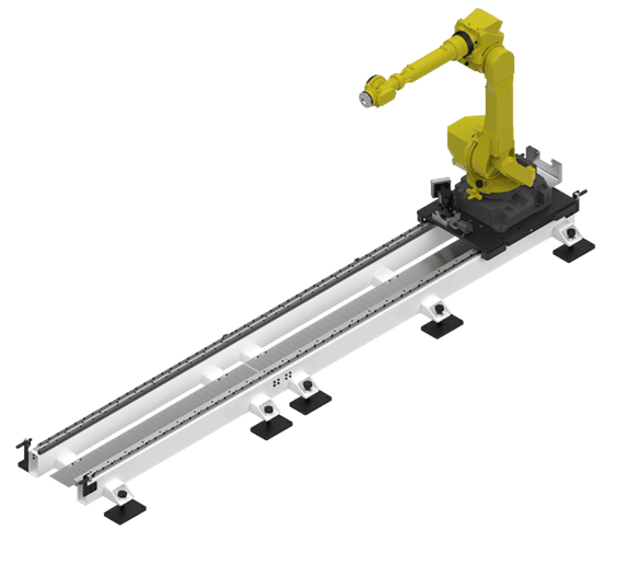 Yellow industrial robotic arm on linear rail