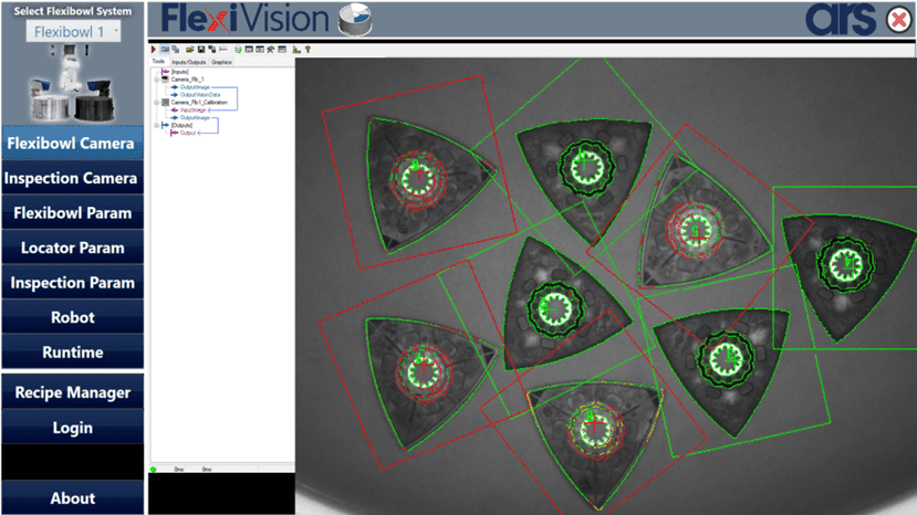 Machine vision interface detecting triangular parts with overlays