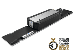 Black industrial linear motor actuator on rail