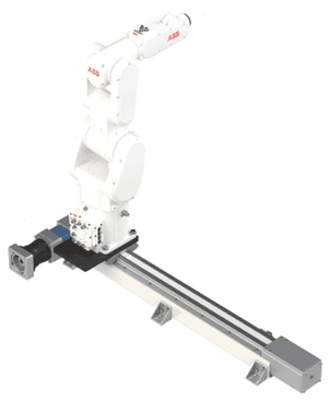 White ABB industrial robotic arm on linear rail