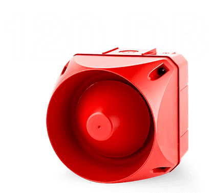 Red alarm siren labeled 120 dB