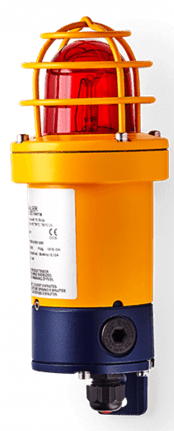 Yellow industrial safety beacon with red light