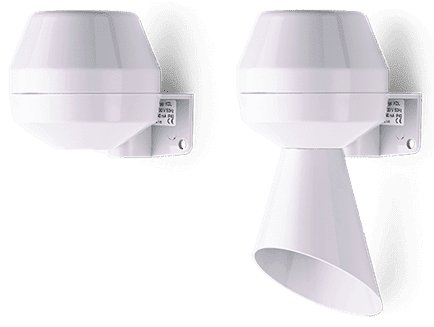 Two white wall-mounted alarm sirens, one with horn