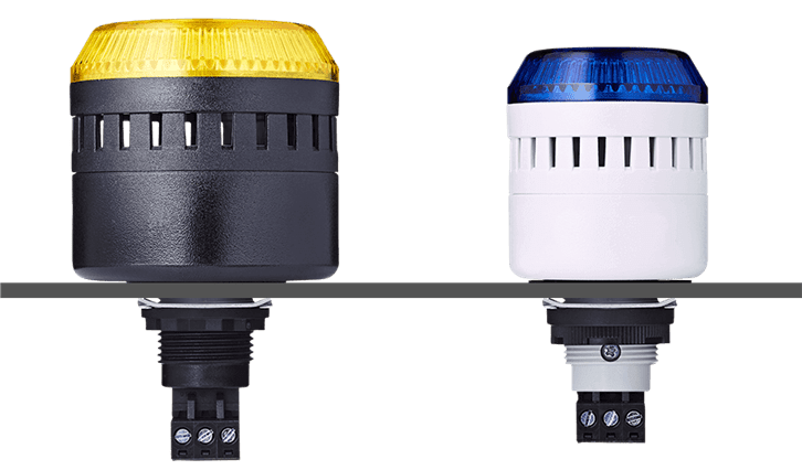 Yellow and blue industrial signal beacons