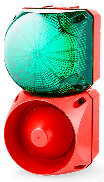 Green strobe above red alarm siren