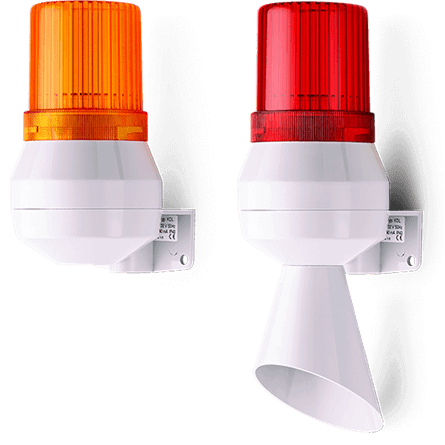 Two industrial warning lights, red and amber