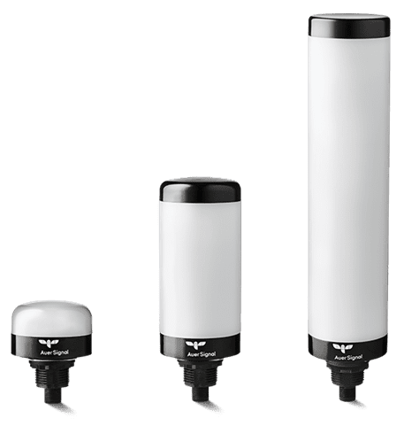 Three white cylindrical industrial signal tower lights