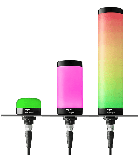 Three colorful LED signal tower lights