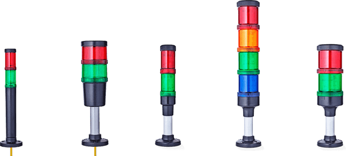 Five multicolored industrial stack indicator lights