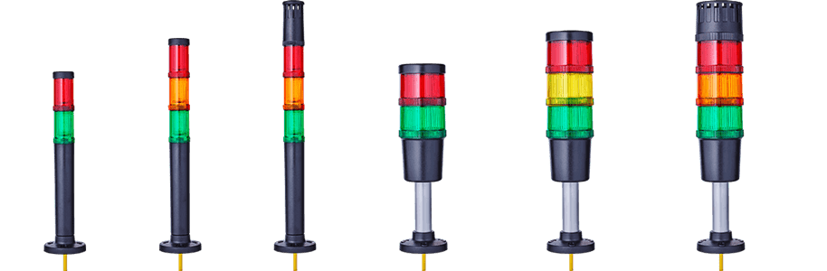 Row of industrial signal tower stack lights