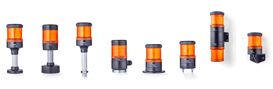 Row of orange industrial signal beacons