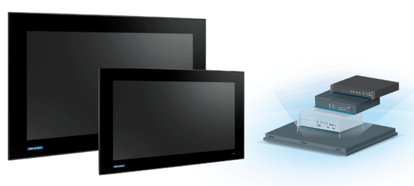 Two industrial touchscreens with stacked modules