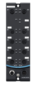 Black industrial I/O module with eight circular connectors