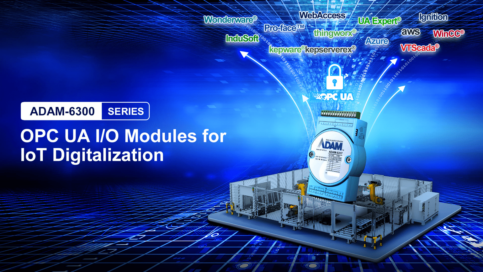ADAM-6300 OPC UA I/O module on blue background