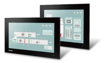 Two industrial touchscreens showing control interface