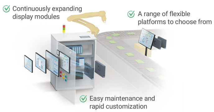 Modular conveyor display system with robotic arm