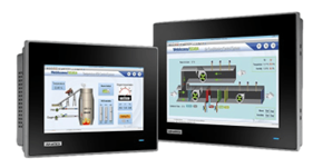Two industrial touchscreen control panels displaying schematics