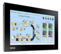Industrial touchscreen displaying packaging process diagram