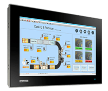 Industrial touchscreen monitor displaying packaging process