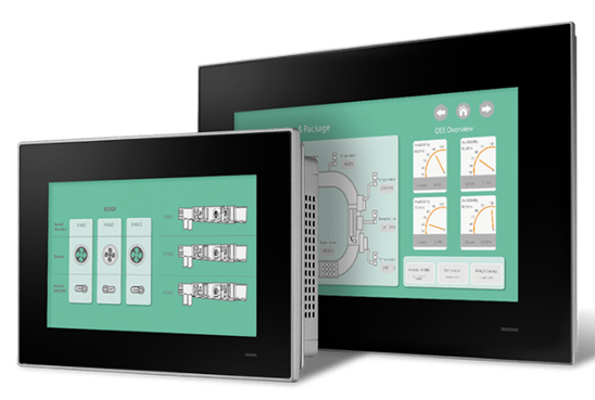 Two industrial touchscreen control panels displaying schematics