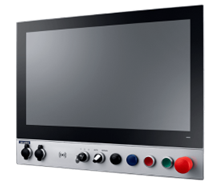 Industrial touchscreen display with control knobs and buttons