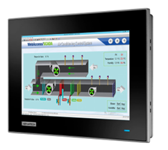 Industrial touchscreen panel PC showing conveyor schematic