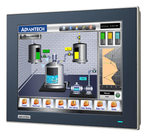 Industrial HMI screen showing tanks and gauges