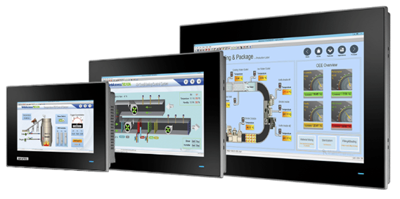 Three industrial touchscreen control displays showing process